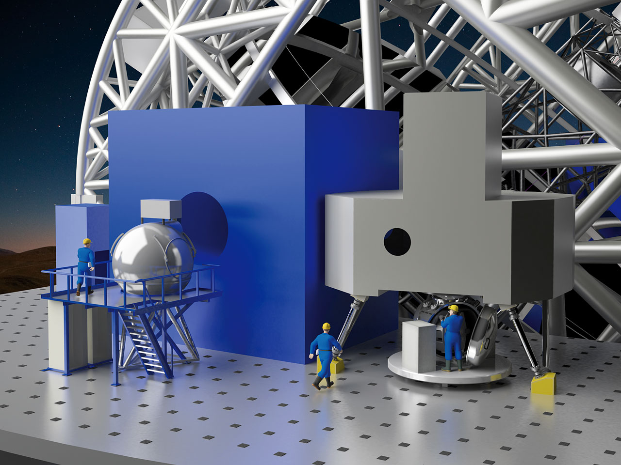Artist´s rendering of one of the E-ELT Nasmyth foci, equipped with some of the instruments currently studied: METIS (Mid-Infrerred ELT Imager and Spectrograph) and MICADO (the Multi-adaptive Optics Imaging Camera for Deep Observations)